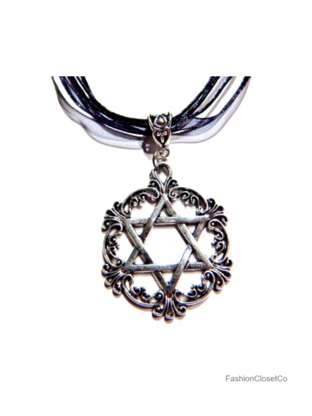 Gothic Star of David Pendant Choker Necklace - Organza Ribbon & Waxed Cotton